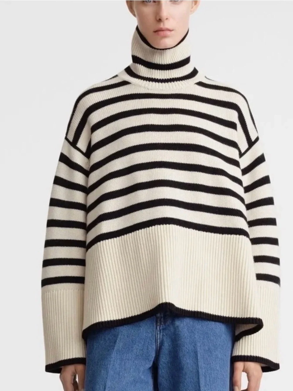 Toteme Turtleneck Striped Boxy Sweater - Cream/Black